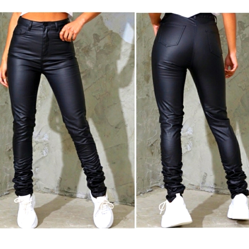 PLT Black ruched hem coated denim pants
